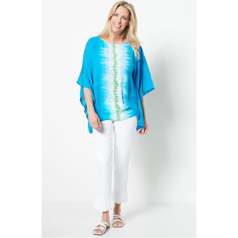 Quacker Factory Blue Tie Dye Tunic Top 1X Rhinestone Coastal Grandma Cruise‎